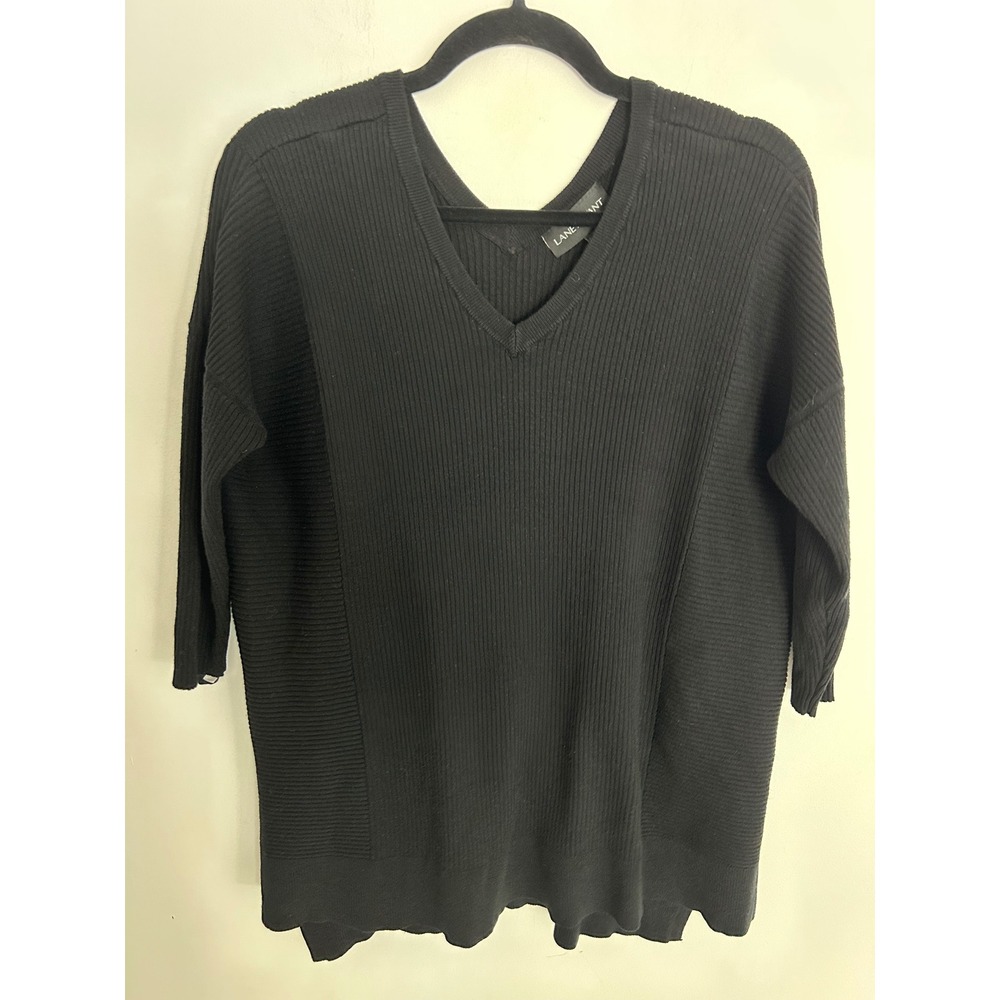Lane Bryant Black Ribbed Knit Double V-Neck Sweater 14/16 Drop Shoulder 3/4 Slv